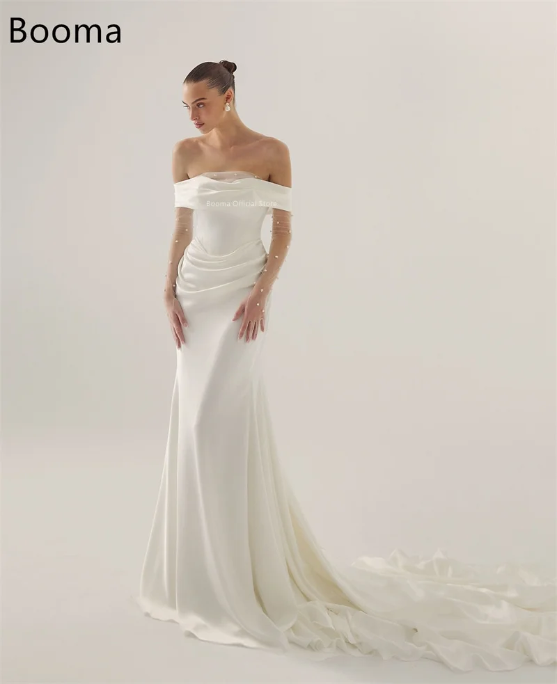 Booma فساتين زفاف بسيطة حورية البحر قبالة الكتف لؤلؤية طويلة بدون أكمام من الساتان فستان عرائس أنيق مصنوع حسب الطلب 2025
