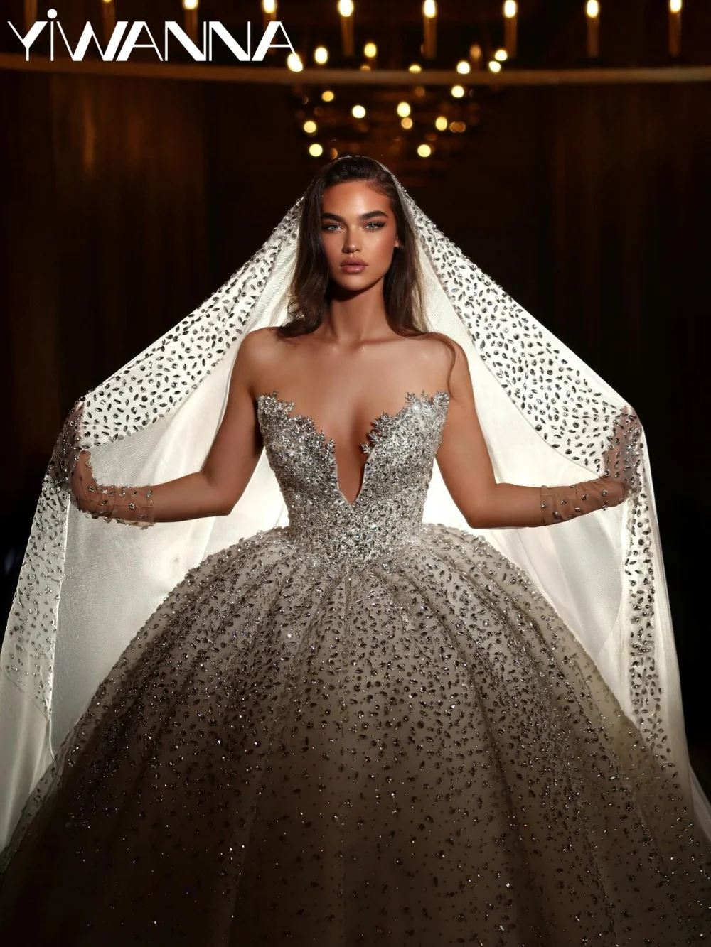 

Puffy Silver Crystal Wedding Dress With Train Exquisite V-neck Floor-length Bridal Gown 2026 New Customized Dresses For Bride