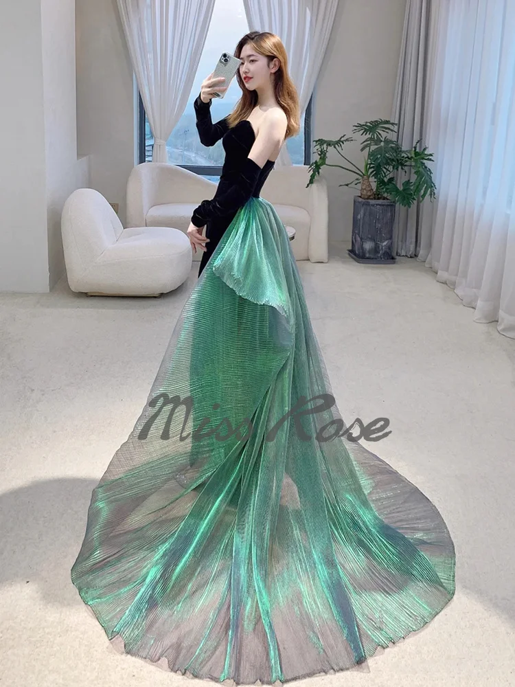 High Grade Black Evening Dress With Green Tail Velvet Celebrity Sexy Bra Fish Tail Dress Slimming Cocktail Bride Dinner Dress