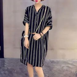 Streetwear Loose Stylish V-Neck Blouse Female Clothing Striped Summer New Short Sleeve Casual Button Korean All-match Midi Shirt