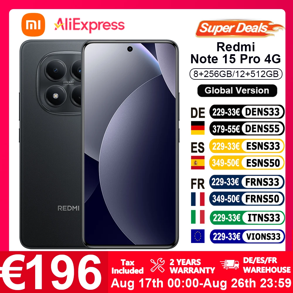 Globale Version Xiaomi REDMI Note 15 Pro 4G Smartphone 6,77' FHD 6500mAh 45W Turbo-Ladung 120Hz 200MP Hauptkamera IP65 NFC