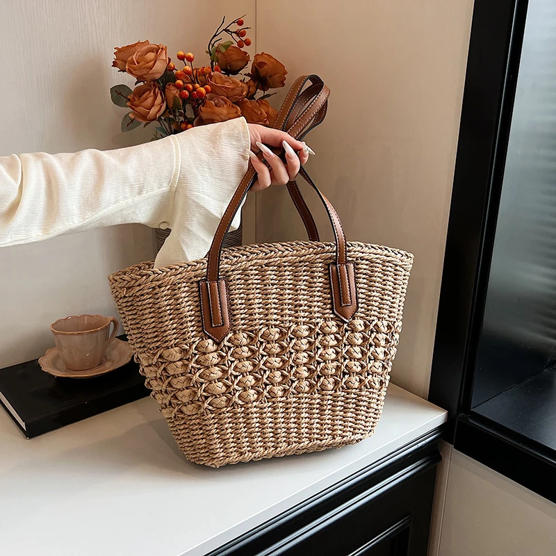 Summer Straw Bags for Women Straw Shoulder Bags Rattan Woven Top Handle Bag Hollow Raffia Crochet Beach Bag Casual Handbags