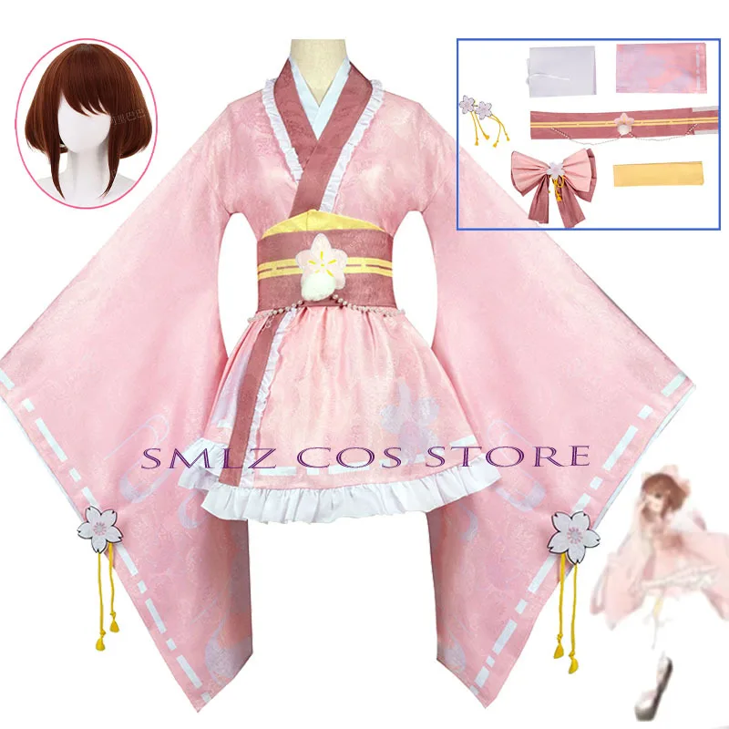 

Uraraka Ochaco Cosplay Anime Boku No Cosplay Costume Pink Kimono Lovely Lolita Dress Set Hallowen Party Outfit for Woman