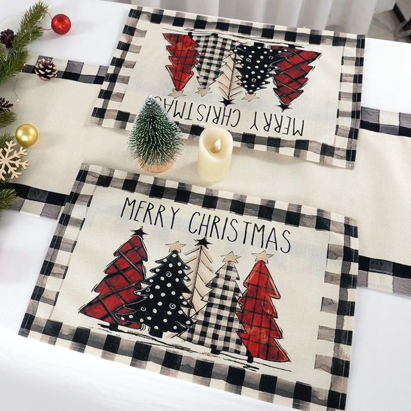 4pcs 30x45cm Christmas linen placemats Rectangular Non Slip Table Mats for Xmas Home Kitchen Dinners Table Decoration