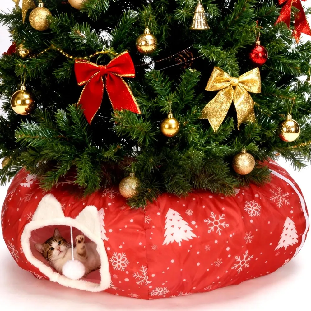

Cat Tunnel Bed – Donut-Style Christmas Tree Skirt for Indoor Cats & Small Pets – Red Snowflake