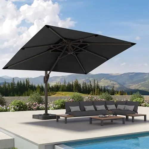 9X12FT Black Aluminum Patio Umbrella with Dual-Canopy Waterproof Wind-Resistant 360 Rotational Tilt for Cantilever Umbrella