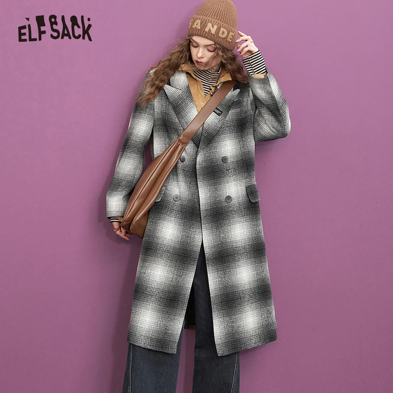 ELFSACK Vintage Plaid Coats Women 2023 Winter Elegant Mid-length Outwears