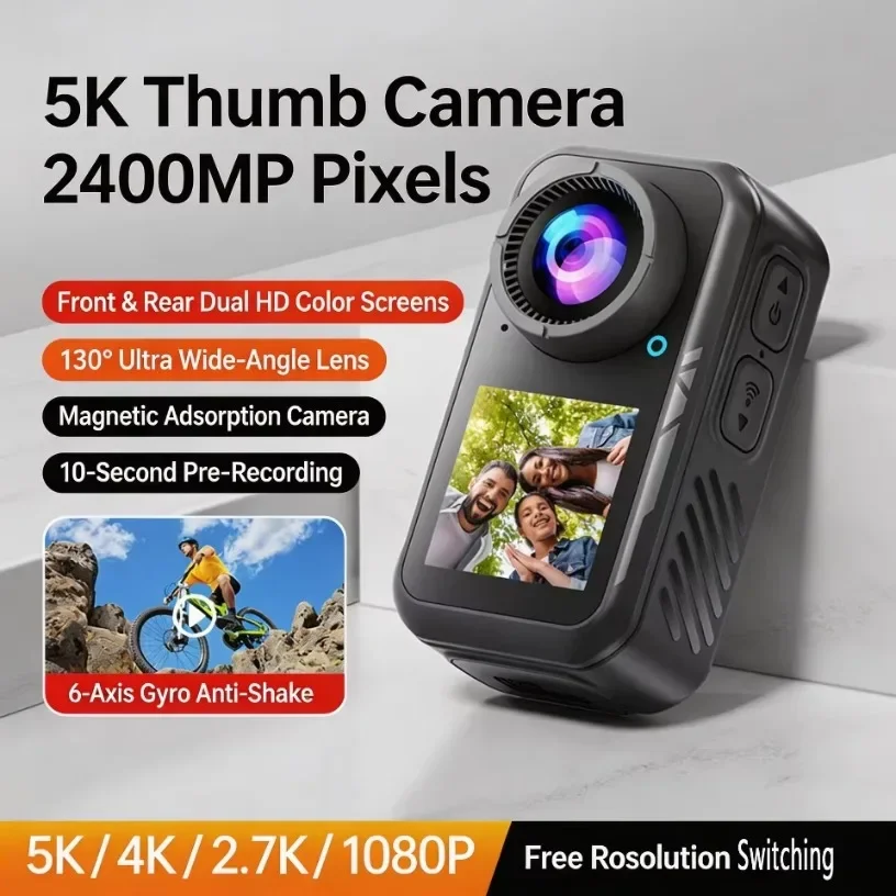 5K30FPS Mini Action Camera Dual Touch Screens 10 Second Pre-Recording Built-in Magnet 30M Waterproof with Included Case