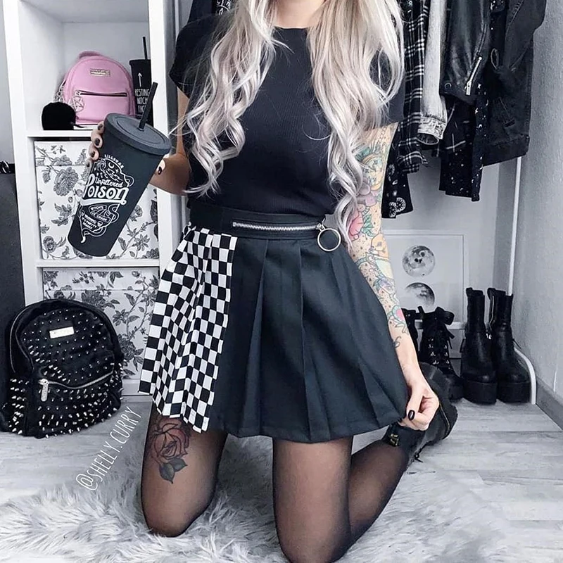 Patchwork Plaid Mini Skirts Women Gothic 2023 Y2k Black Sexy High Waist Pleated Skirt with Zipper Punk Mall Goth Dark Academia