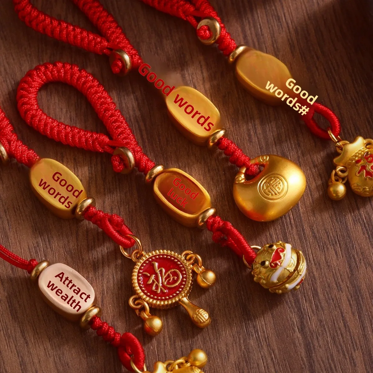 Chinese Style Good Luck Red String Pendant Gold Tone Fu Character Lucky Amulet Keychain Phone Bag Hanging Ornament Feng Shui Gif