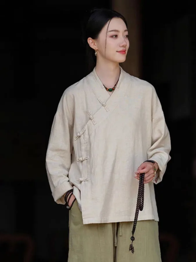 

Elegant Cotton Linen Women's Shirt Chinese Style Slanted Flap Zen Study Home Clothes Personality Button Spring New Arrival