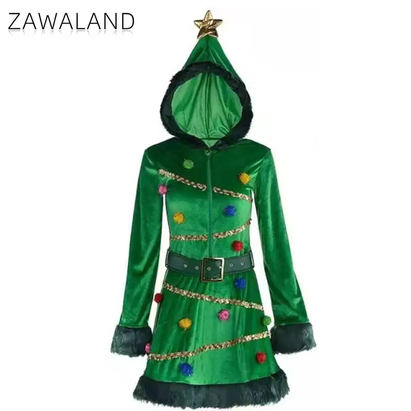 Zawaland Christmas Dresses for Woman Dark Green Hooded Santa Tree Dress Corduroy Xmas Cosplay Costume Holiday Party Clothes