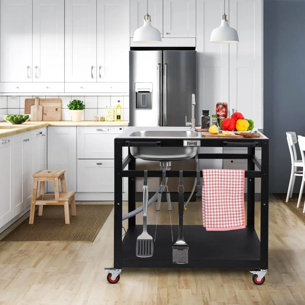 Gerobak Panggangan Luar Ruangan 35” dengan Wastafel, Stasiun Wastafel Dapur Luar Ruangan dengan Pengait Selang, Wastafel Berdiri Bebas dengan Roda, 304 Tahan Karat
