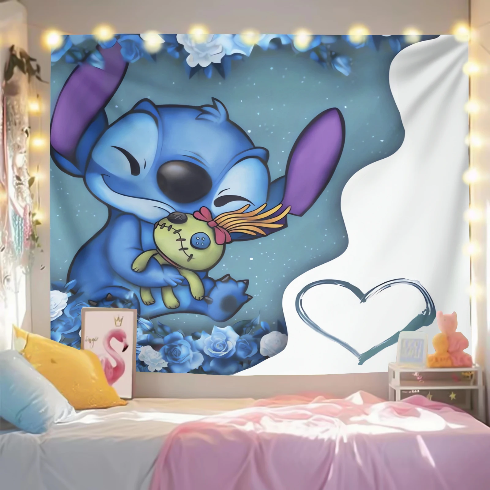 Stitch Tapestry, Cartoon, Kawaii Design, Wall Hanging, Home Background Decoration, Student Dormitory, Bedroom, Living Room