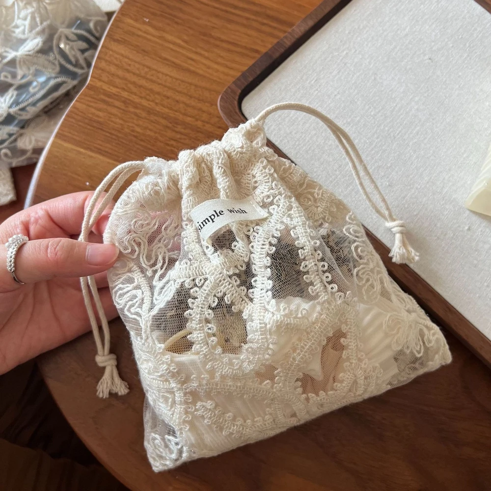 1pc White Lace Makeup Bag Cotton Cosmetic Pouch with Floral Embroidery Women's Travel Toiletry Cosmetic Organizer Drawstring Bag