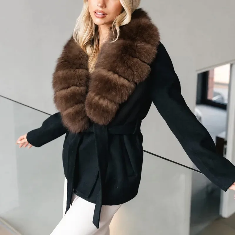 Tuularose Warm Faux Fur Patchwork Belt Coats Women's Lapel Full Sleeve Lace Up Black Jackets Winter Lady Fashion Street Outwears