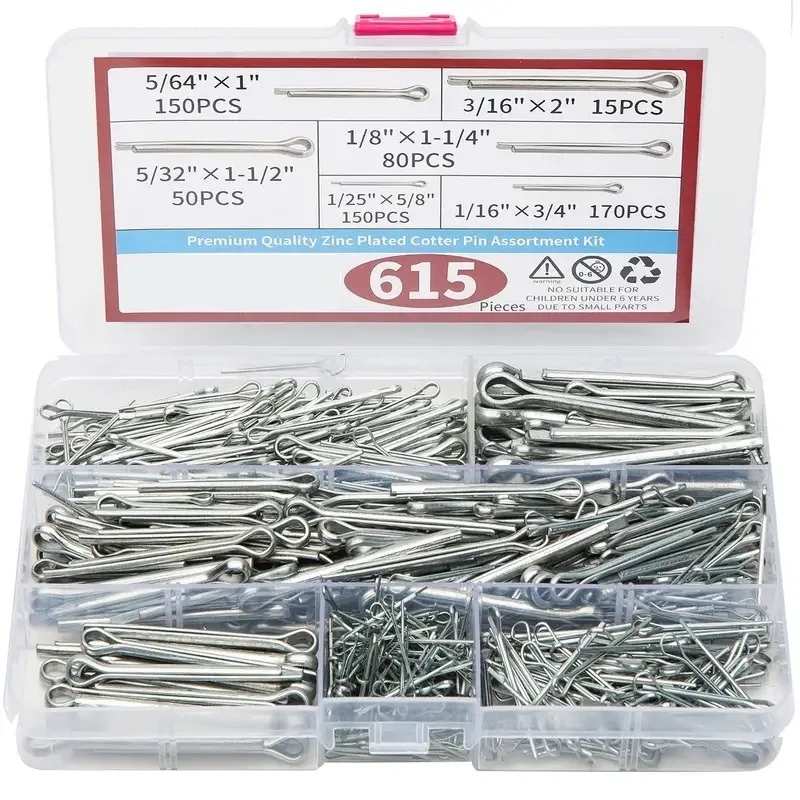 615Pcs Carbon Steel Cotter Pin Assortment Kit 6 Types Clip Key Fasteners for Auto Machinery