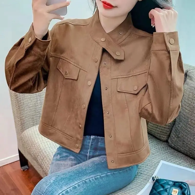 

Women's Suede Velvet Jaet ort Svel Autumn New Design Loose Versatile Faionable Long Sve Top for Small Figures