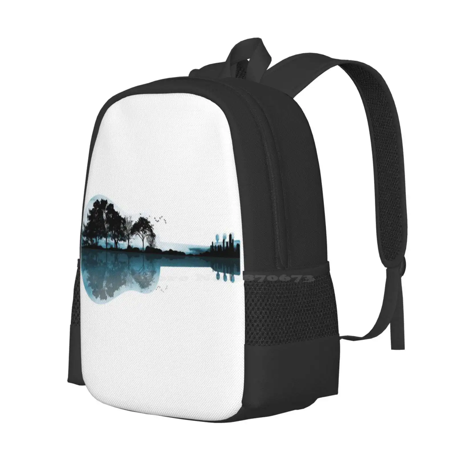 Nature Guitar Fashion Pattern Design Travel Laptop School Backpack Bag Guitar Nature Trees Silhouette Artistic Landscape Lake