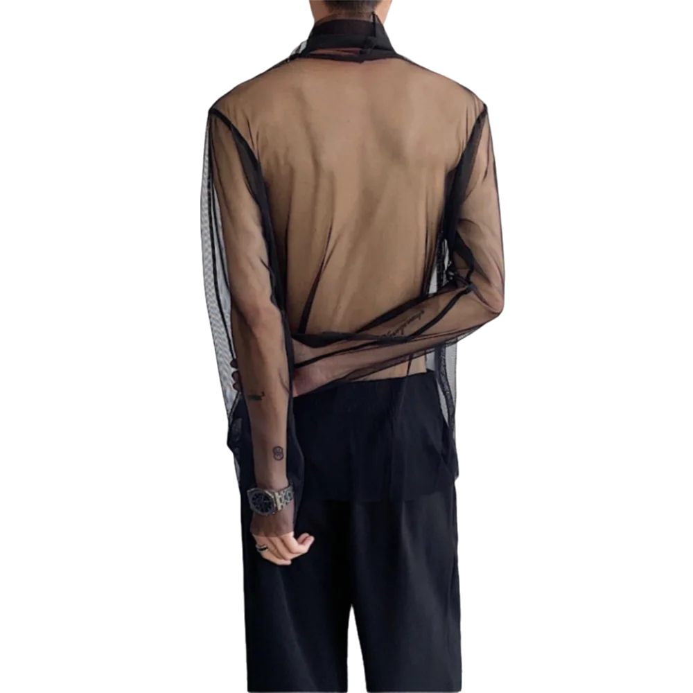 

Chic See-through Transparent T-shirt High Collar Solid Color Long Sleeve T-shirt Undershirt Streetwear Mesh Top Men Nightclub