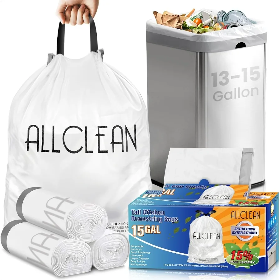 Bolsas de basura de 15 galones de altura, bolsas de basura con cordón para cocina, apto para contenedores de 1315 galones, bote de basura reciclable sin perfumado a prueba de fugas Extra fuerte