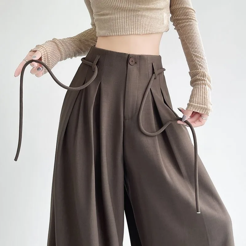 Early Spring New Korean-style Drawstring Pleated Wide-leg Pants with A Niche Design and High-waisted Slimming Look Fashion 2026