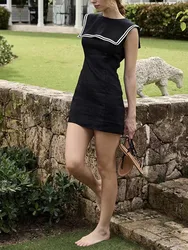 100% Linen Women O-Neck A-Line Mini Dress Sleeveless Zipper High Waist Splices Summer New 2024 Female Black Short Robe