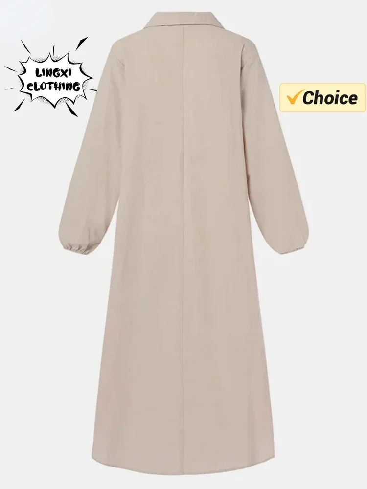 2024 Summer Fashion Cotton and Hemp Long Casual Solid Color Dress V-neck Elegant Half Open Front Women\'s Long Sleeved Robe