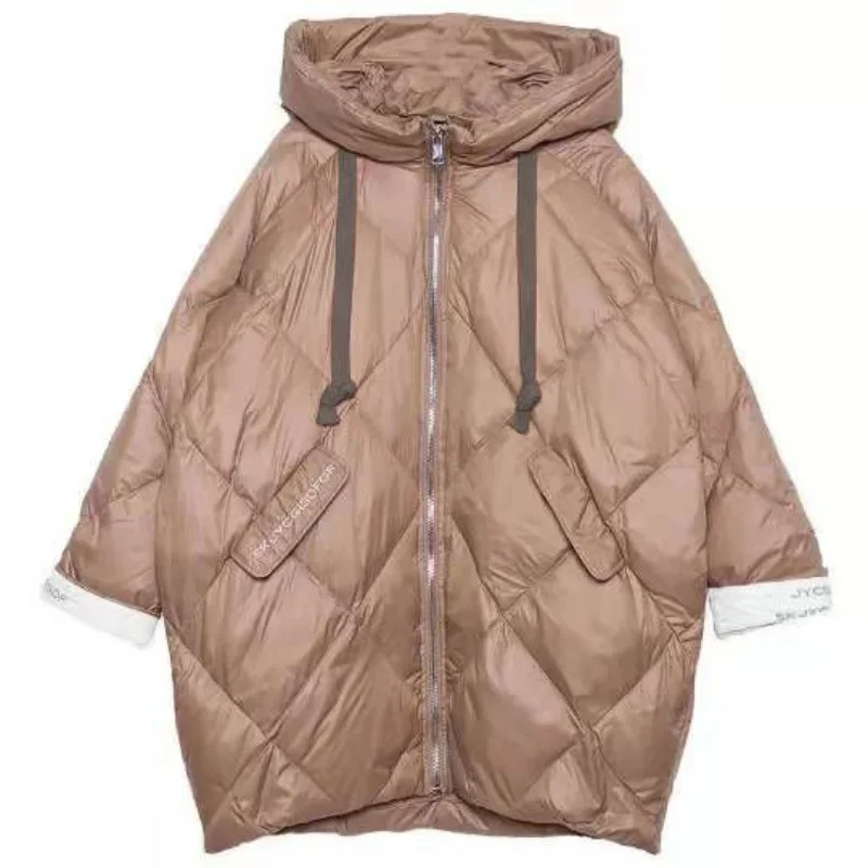 Fashionable Loose Fitting Parka for Women's Korean Winter Mid Length Fluffy Hooded Pocket Quilted Solid Color Warm Jacket 2023