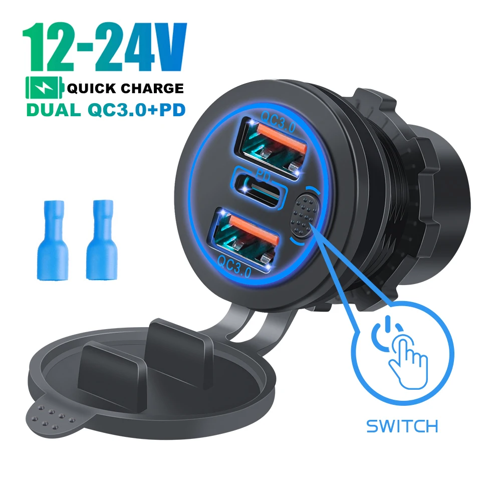 100W Dual QC 3.0 USB  PD Type C Triple Socket 12-24V Car phone Charger with Button Switch Waterproof for Car Boat Marine RV