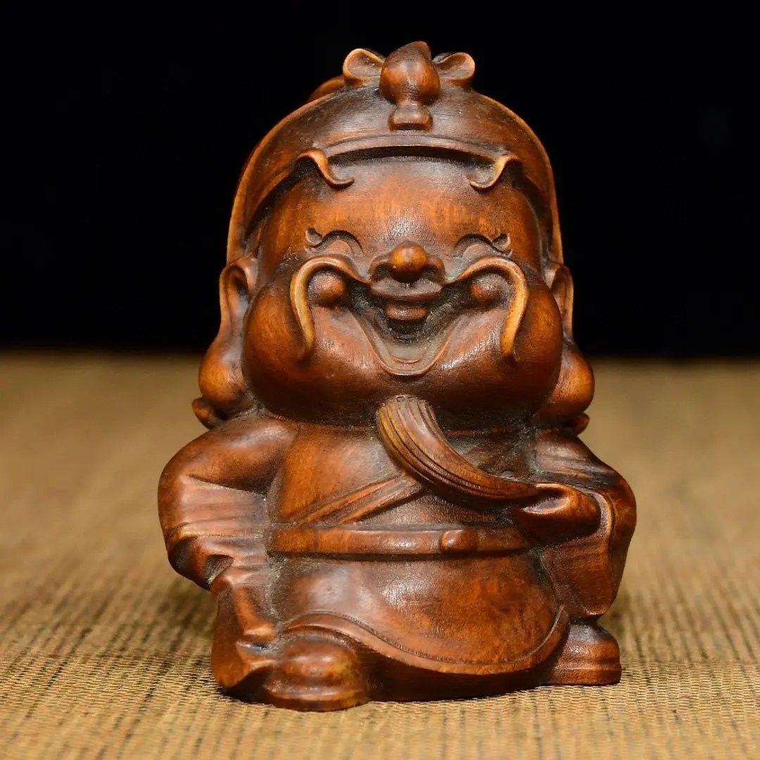 Hand Carved Wood stroking beard God of Wealth Statue Figurine Desktop Ornaments Home Decoration Crafts Tea Pet Decor