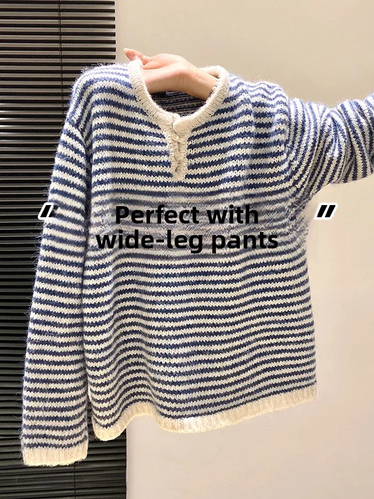 

Blue Striped round Neck Knitted Sweater Women's Autumn Winter Loose Fit Casual Slimming Base Layer Shirt Top Spring Season