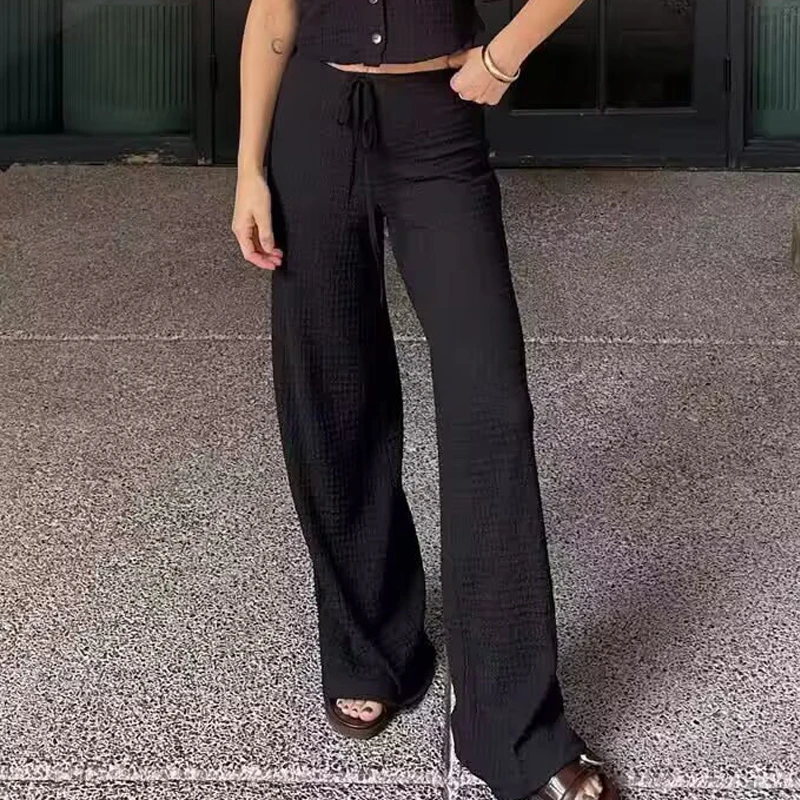 HXAO المرأة محكم السراويل الفضفاضة صيف 2025 أسود براون بنطلون الدانتيل متابعة عالية الخصر فضفاض مستقيم صالح بنطلون سراويل تقليدية