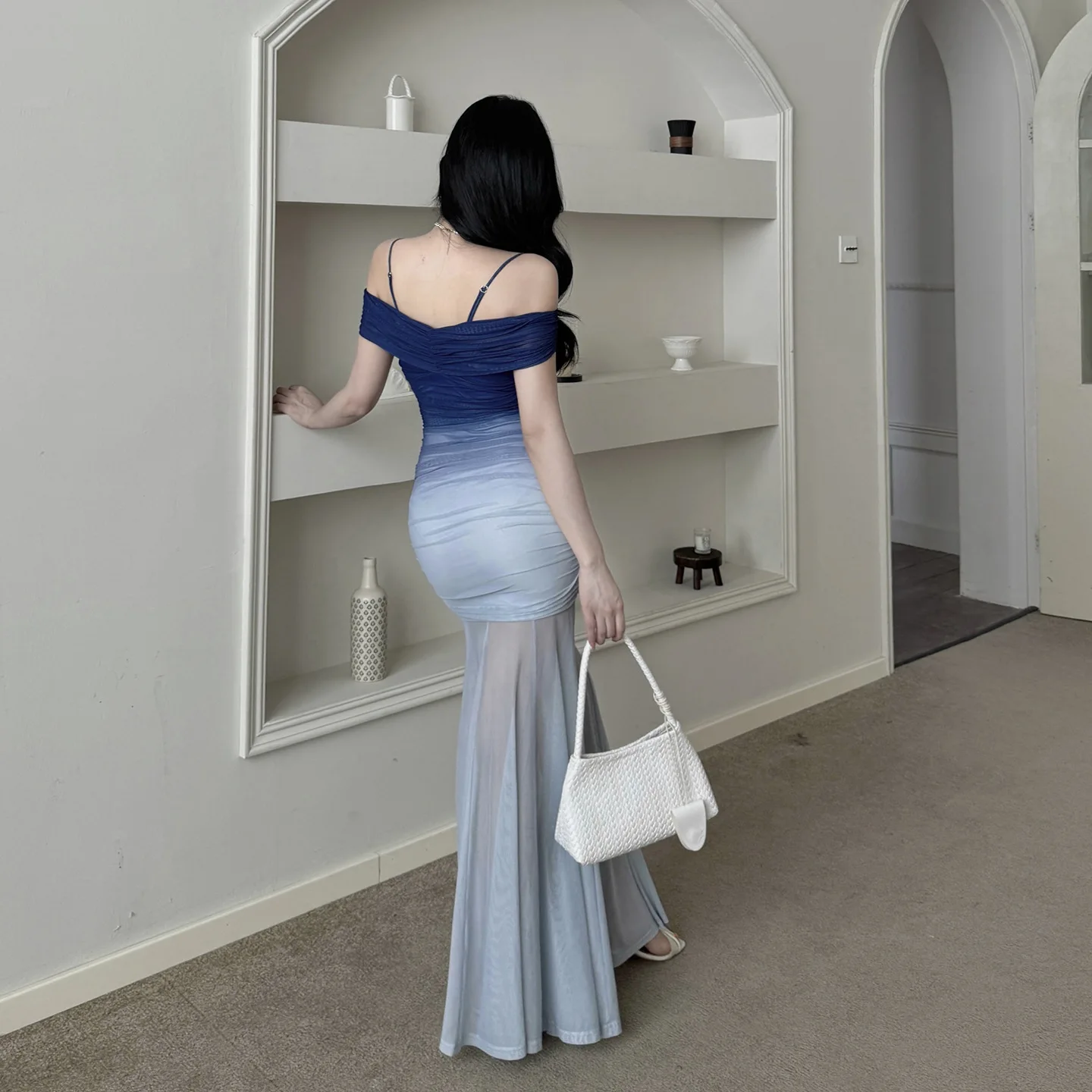 Vestido degradado de un solo hombro para mujer, vestido de verano de gama alta con cintura adelgazante