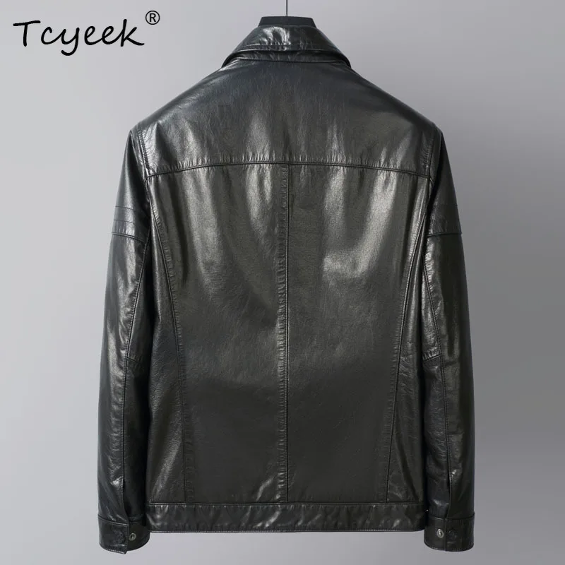 Tcyeek طبقة علوية حقيقية جلد البقر ربيع الخريف الراقية العصرية التلبيب الأسود الرجال سترة جلدية حقيقية Jaqueta De Couro Masculina