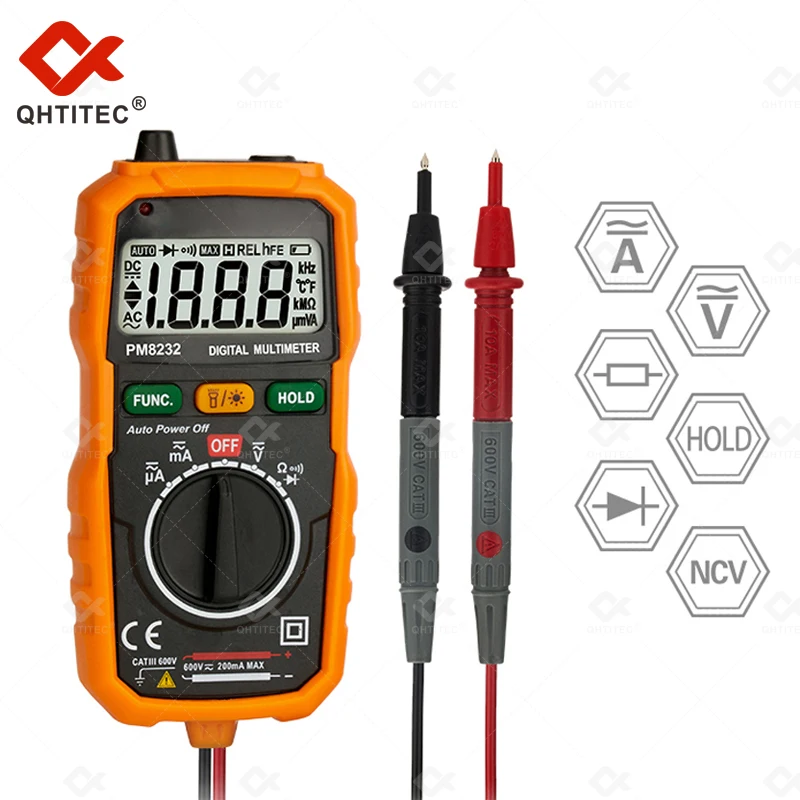 QHTITEC Digital Multimeter AC/DC Current Testing Tool Intelligent Automatic Range Root Mean Square Ohm Diode NCV Voltage Tester