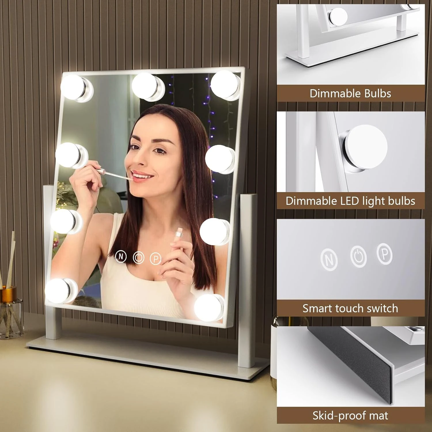 Hollywood Vanity Makeup Mirror with 9 LED Bulbs 3 Color Lighting 360° Rotation Cosmetic Mirror for Dressing Rooms and Bedrooms