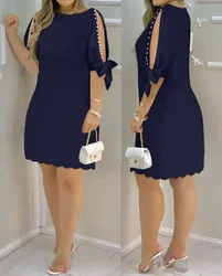 Vestido corto informal de verano para mujer, minivestido de media manga con cuello barco, con perlas decorativas, a la moda, para vacaciones diarias, 2024