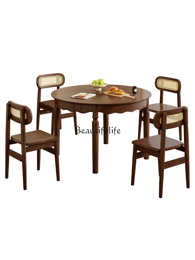 

Retro French Solid Wood round Table Small Apartment Home Dining Table