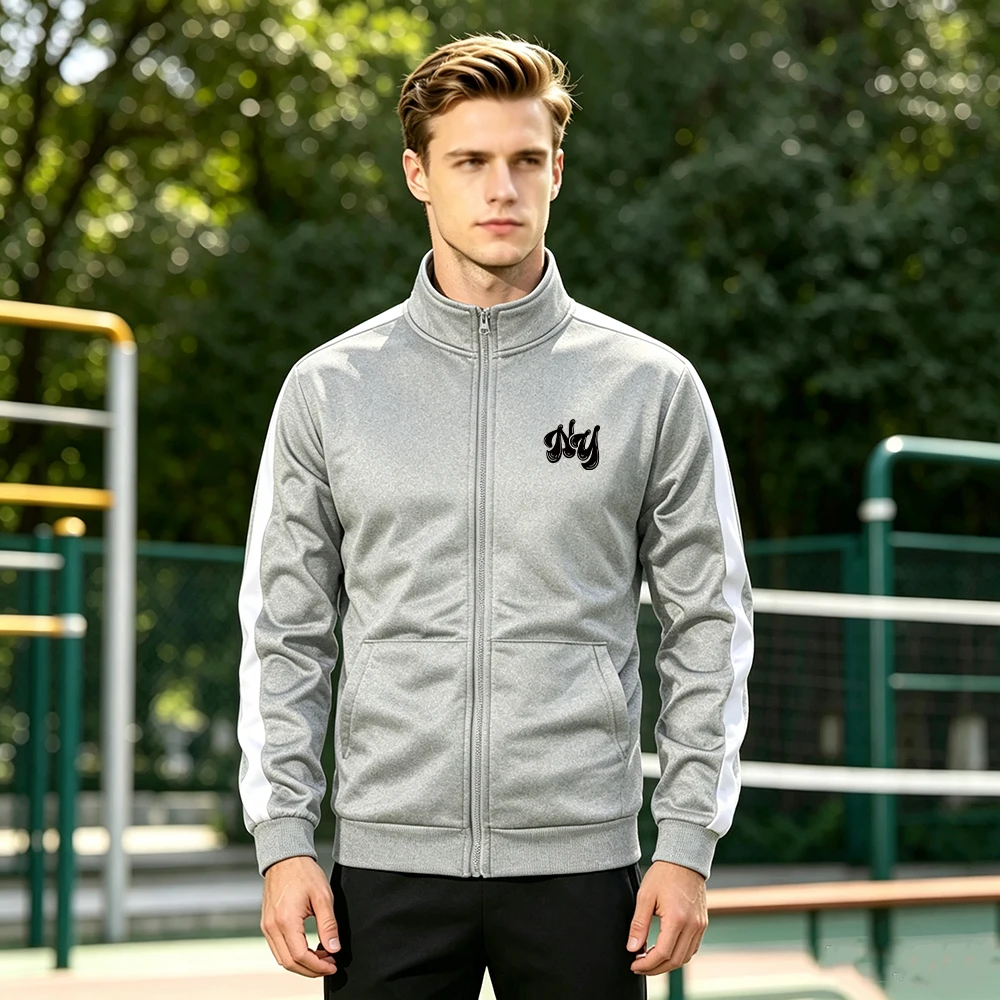 Men Colorblock Patchwork Stand Collar Jacket Simplified Letter Print with Pocket Fall Spring Warm Long Sleeve Zip Up Coat Tops