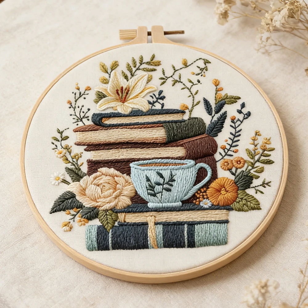 1pc kits de ponto cruz livro xícara café paisagem diy com argola costura bordado conjuntos lírio flor decoração casa