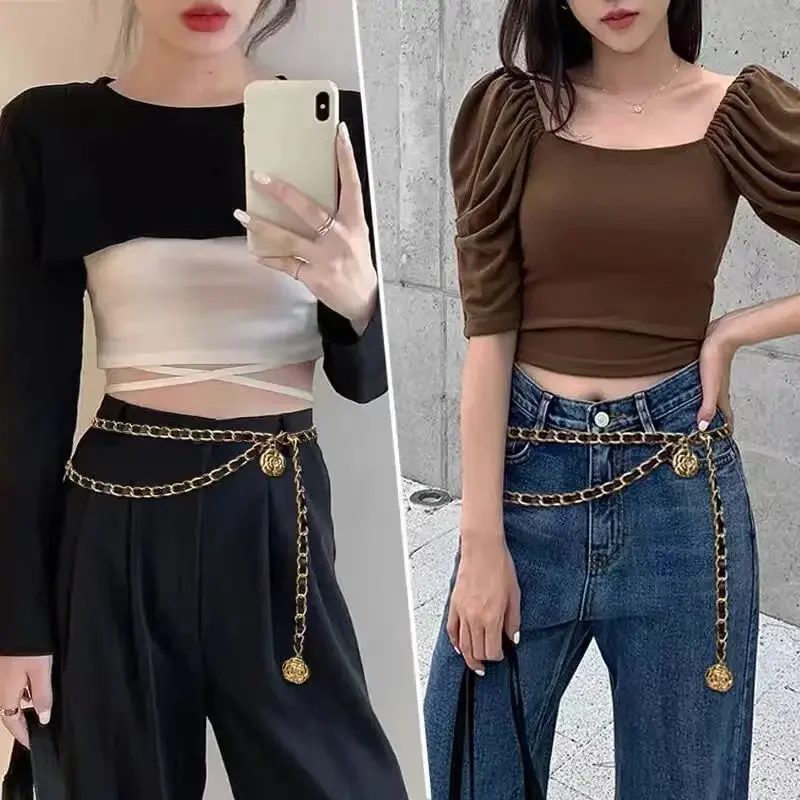 

Fashion Luxury Brand Designer Metal Chain Belts for Women Flower Pendant Jeans Suit Dress Waist Chain Female Accessories