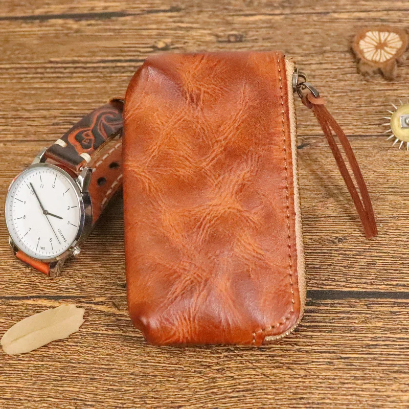 Genuine Leather Zero Wallet Women's Head Layer Cowhide Plant Tanned Leather Hand Polished and Used Wrinkle Zero Wallet Men
