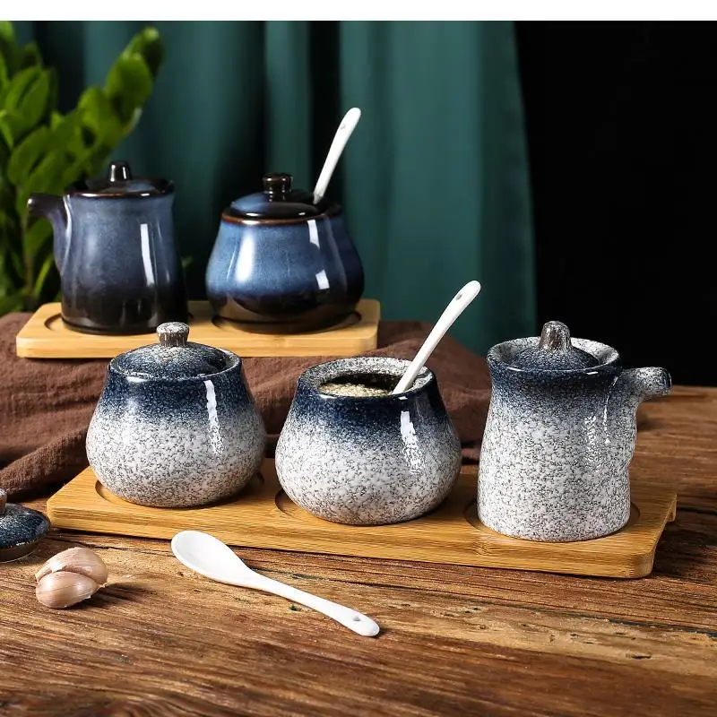 

Storage Japanese Retro Ceramic Seasoning Box Household Salt Oil Bottle Combination Set Commercial Restaurant Tableware