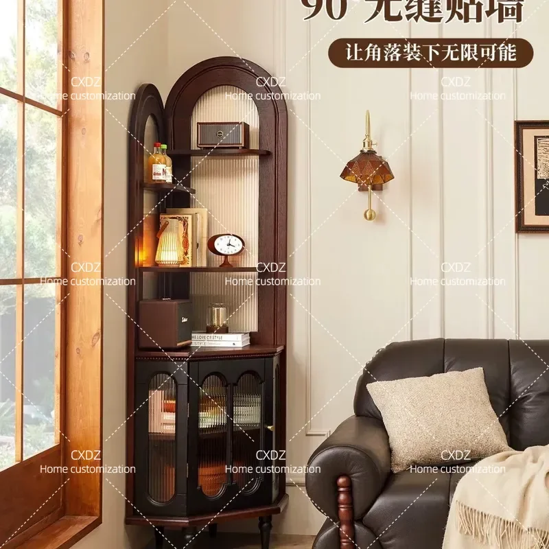 French Retro Solid Wood Corner Shelf Triangular Storage Bookshelf for Living Room Bedroom Small Apartment Home Decor