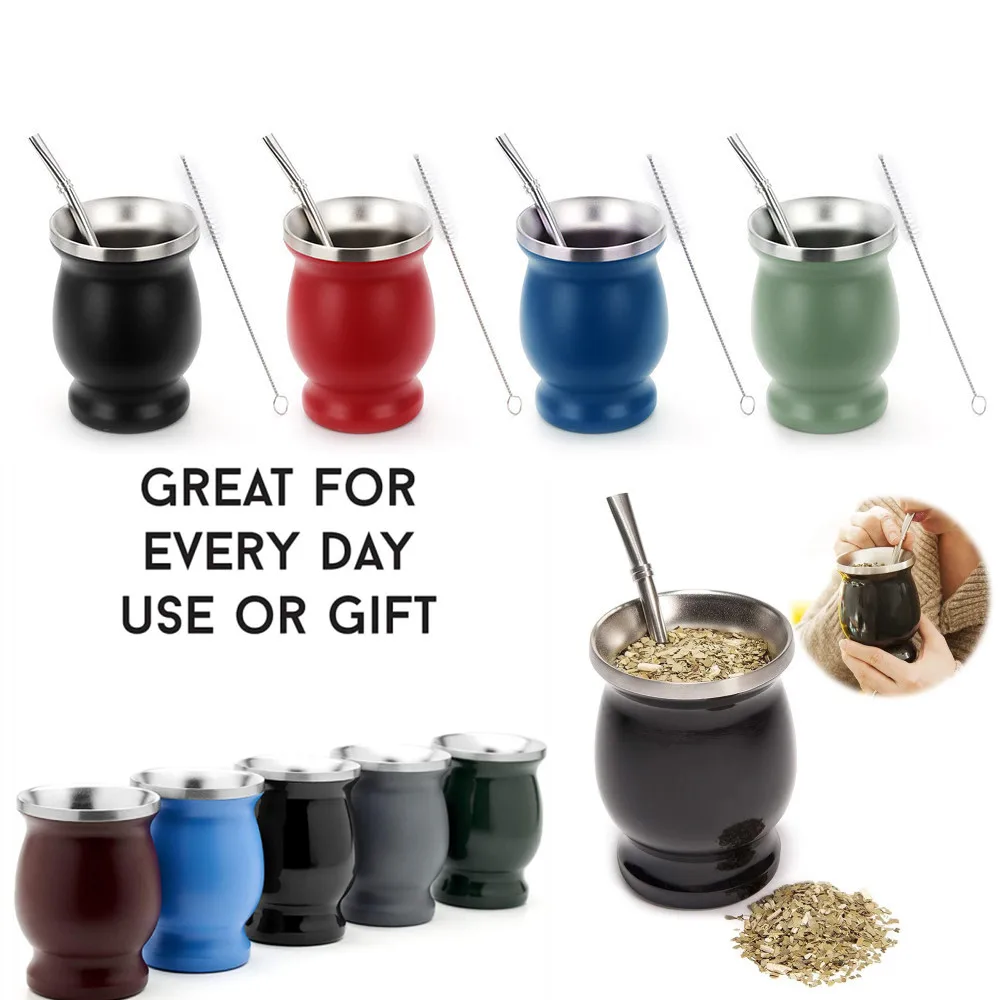 Yerba Mate Gourd Tea Cup Set 12Oz Double-Wall Stainless Coffee Water Cup with Lid 1 Bombillas Straws Filter Spoon&Brush