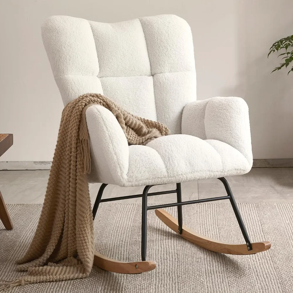 

Nursery Rocking Chair, Teddy Fabric Upholstered Glider Rocker with High Backrest, Modern Rocking Accent Chairs Comfy Side Chair