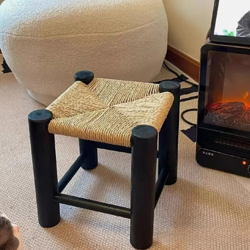 Solid wood woven rope children's small chair simple baby reading chair bedroom backrest learning low stool Nordic style
