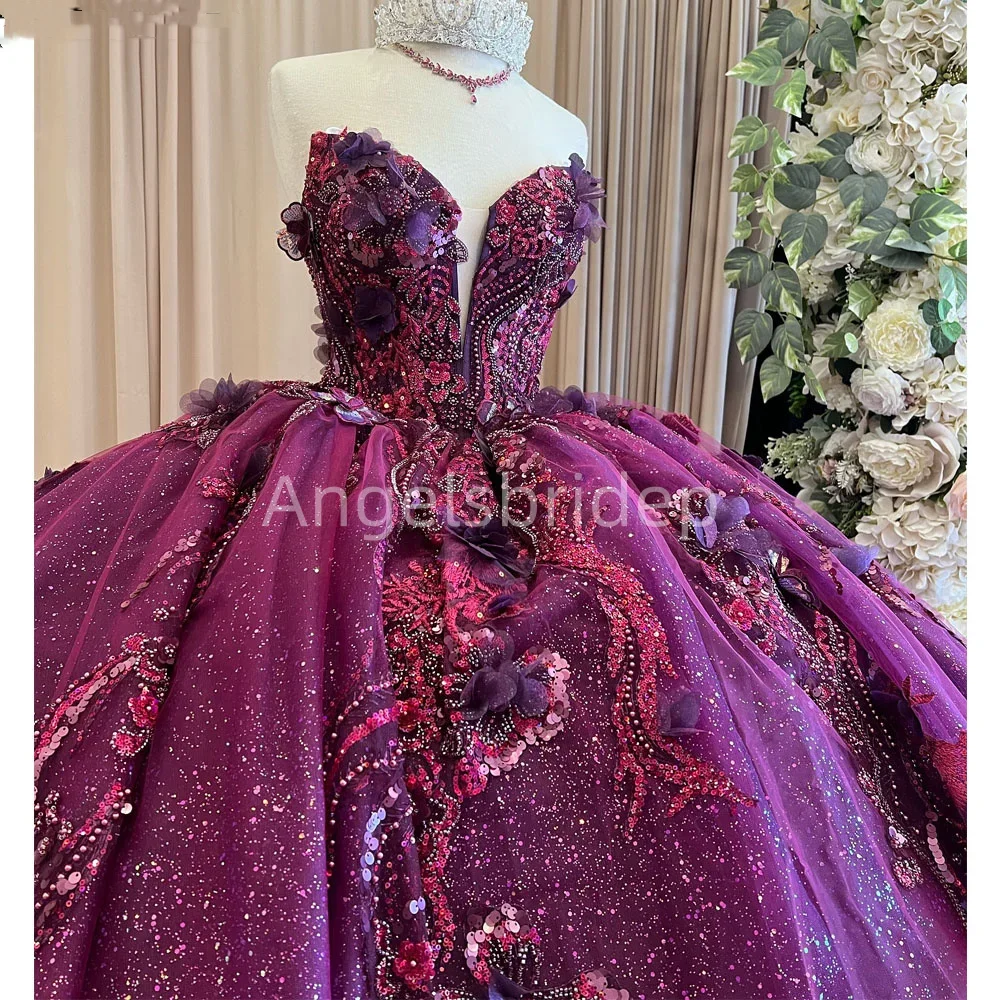 Angelsbride Luxury Purple Ball Gown Quinnceanera Dresses With Detachable Long Sleeves Crystal Evening Party Vestidos De Fiesta