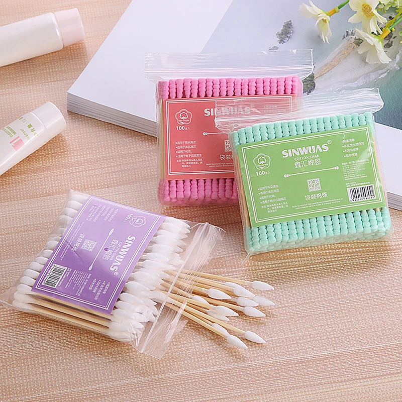 

100Pcs/Pack Double Head Cotton Swab Women Makeup Cotton Buds Tip For Medical Wood Sticks Nose Ears Cleaning Health Care Tools